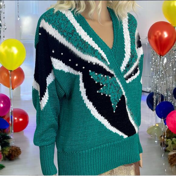 Vintage Sweater Geometric V Neck Green Glam by Sideffects M - Picture 3 of 9